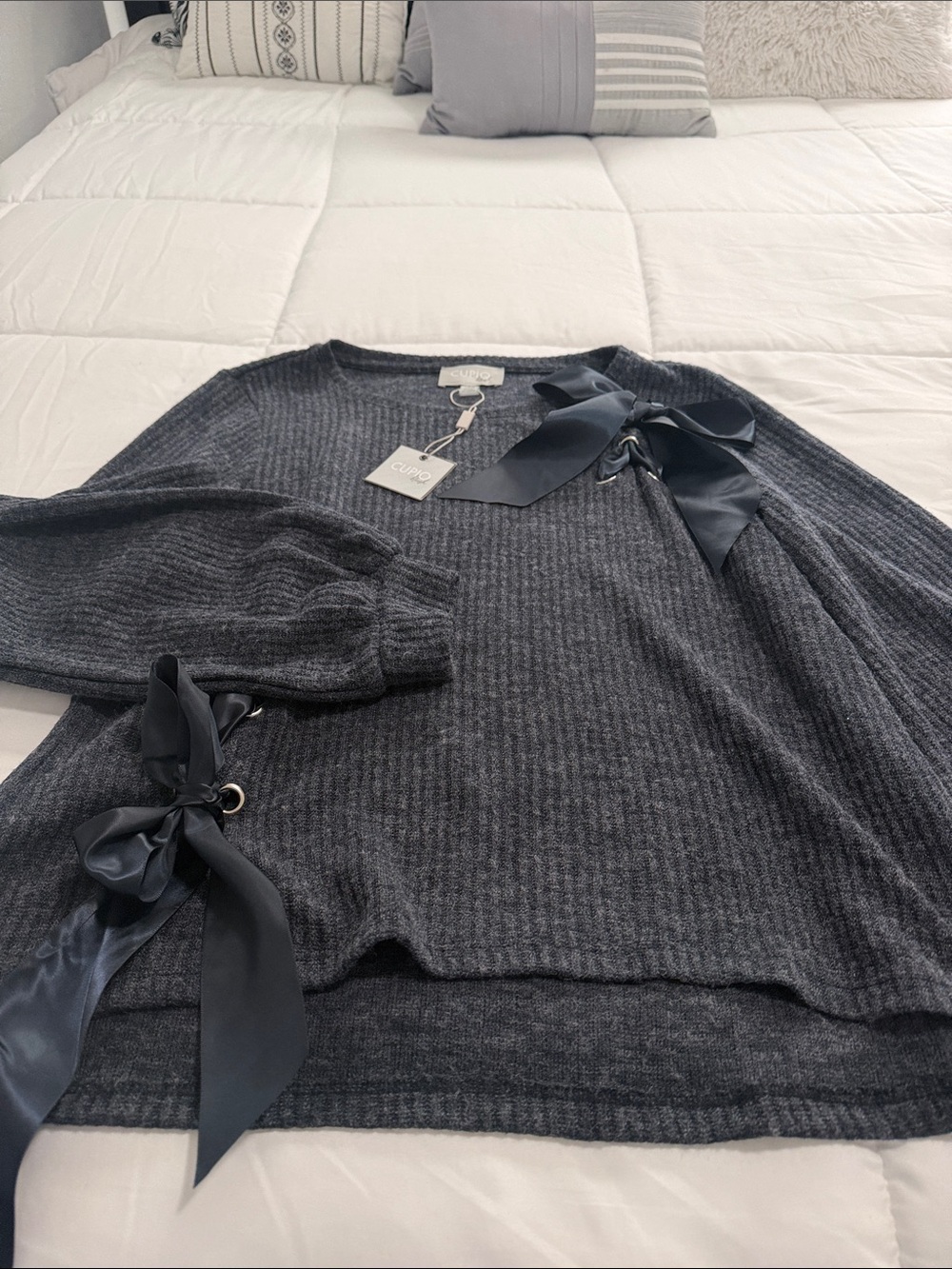 Cupio Charcoal Ribbed Crewneck Sweater with Satin Bow Accents